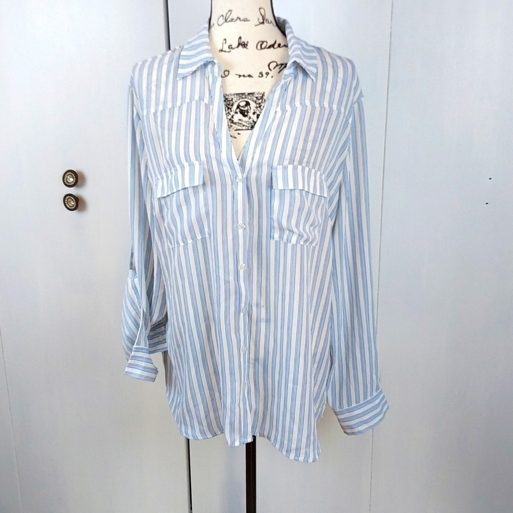 Soho |Blue/White Striped Lightweight Semi-Sheer Blouse Leisure Beachy Sz.XXL